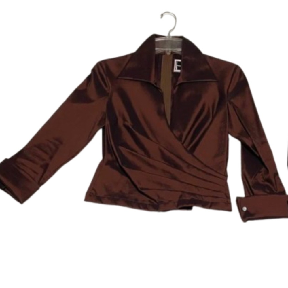 Tadashi copper Brown Satin Wrap Blouse Crystal cufflinks size P
